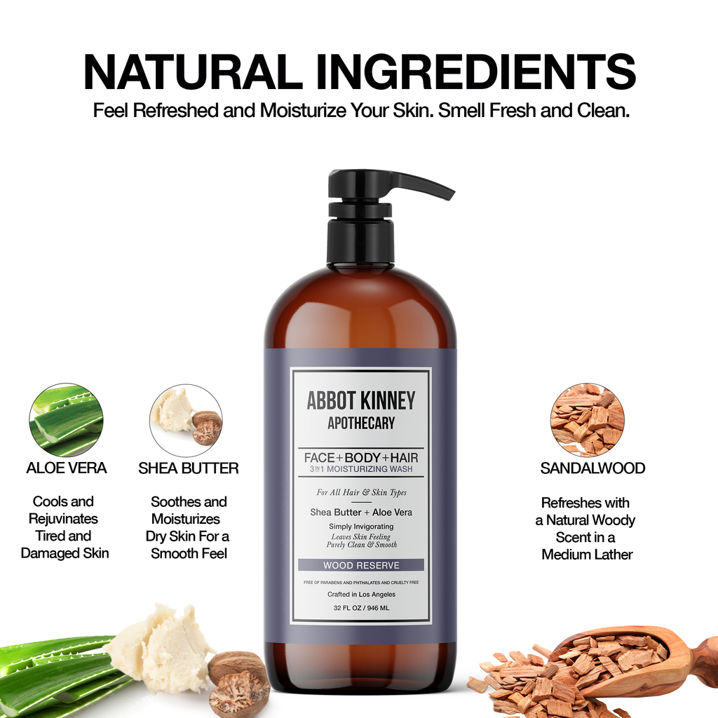 Abbot Kinney Apothecary Men's 3 in 1 Shampoo, Conditioner & Body Wash - Woods Reserve