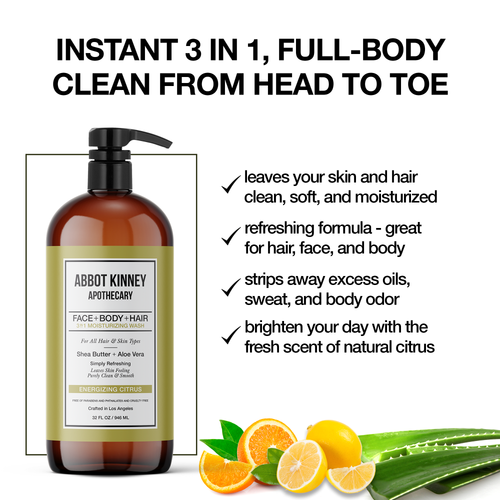 Abbot Kinney Apothecary Men's 3 in 1 Shampoo, Conditioner and Body Wash - Energizing Citrus