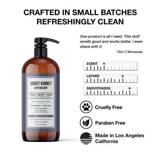 Abbot Kinney Apothecary Men's 3 in 1 Shampoo, Conditioner & Body Wash - Woods Reserve