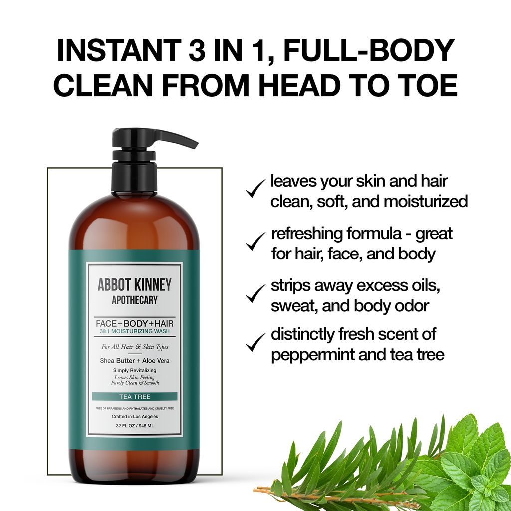 Abbot Kinney Apothecary Men's 3 in 1 Shampoo, Conditioner & Body Wash - Tea Tree