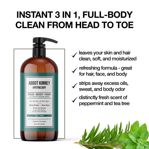 Abbot Kinney Apothecary Men's 3 in 1 Shampoo, Conditioner & Body Wash - Tea Tree