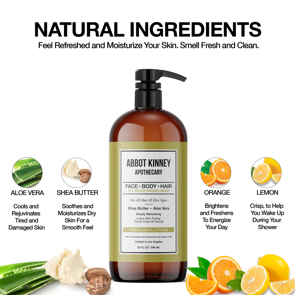 Abbot Kinney Apothecary Men's 3 in 1 Shampoo, Conditioner and Body Wash - Energizing Citrus