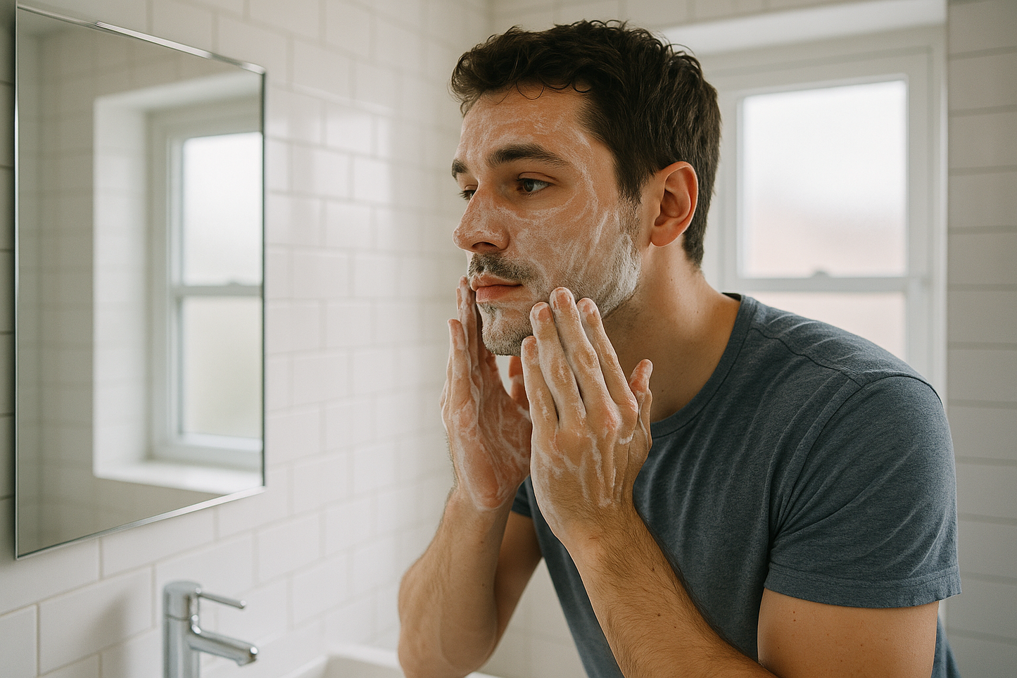 a guy applying face wash to his face