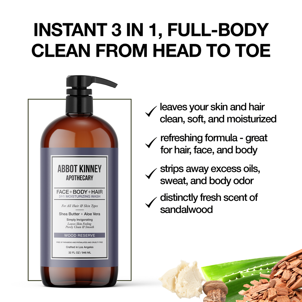 Abbot Kinney Apothecary Men's 3 in 1 Shampoo, Conditioner & Body Wash - Woods Reserve