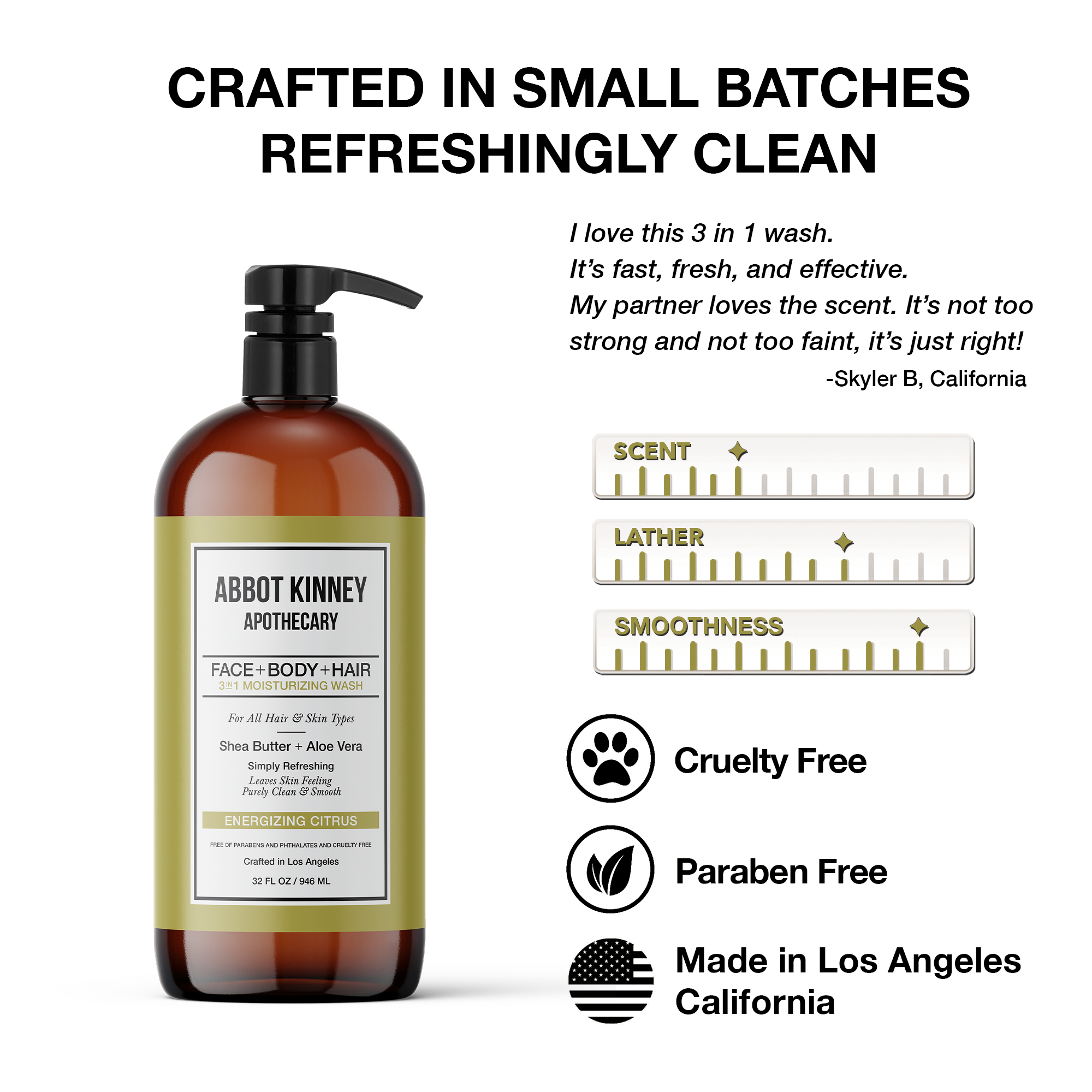 Abbot Kinney Apothecary Men's 3 in 1 Shampoo, Conditioner and Body Wash - Energizing Citrus