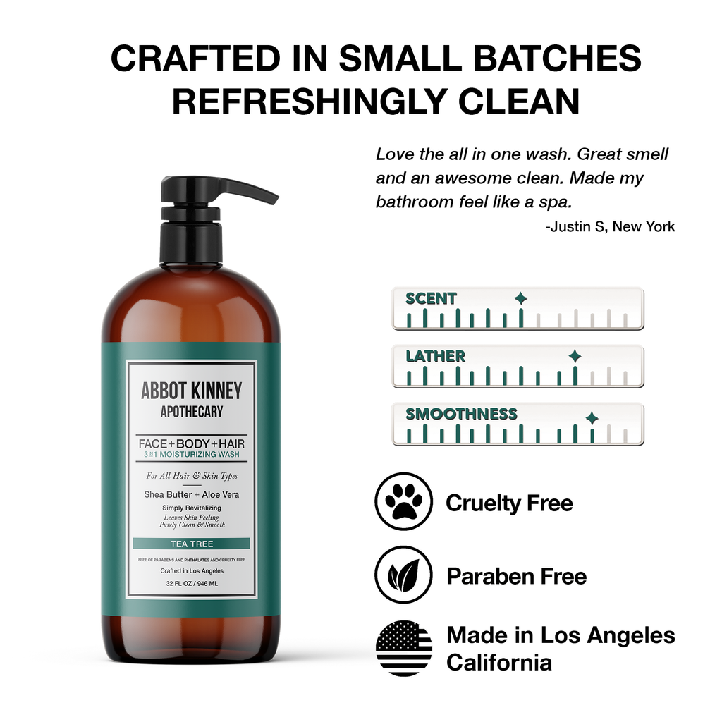 Abbot Kinney Apothecary Men's 3 in 1 Shampoo, Conditioner & Body Wash - Tea Tree